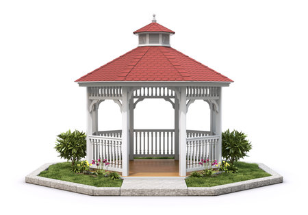 White wooden gazebo with the plant on white background - 3D illustrationの写真素材