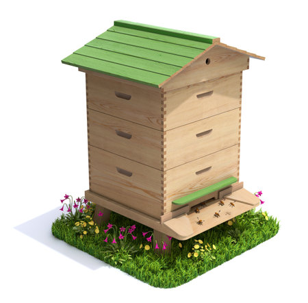 Bee hive with the grass and flowers on white background - 3D illustration