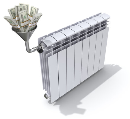 Energy savings concept with radiator, funnel and money - 3D illustrationの写真素材