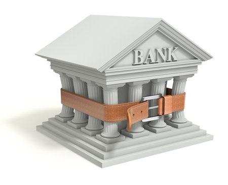 Bank 3d icon with tighten belt - 3d illustration of banking crisis conceptの写真素材