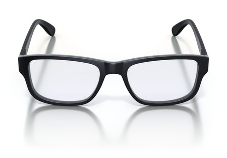 Black plastic frame eye glasses on white reflective background - 3D illustrationの写真素材
