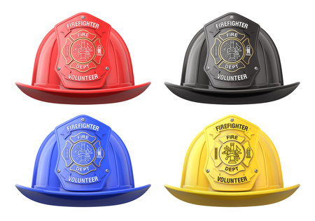 Firefighter helmets in front view isolated on white background - 3D illustrationの写真素材