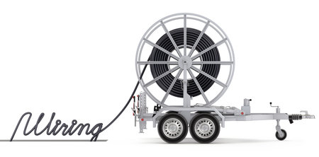 Cable drum with trailer and text "Wiring" made from cable - 3D illustrationの写真素材