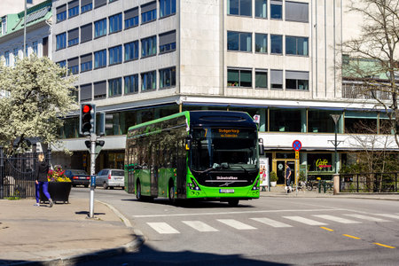 MalmÃ¶, Sweden - April 22 2019: One of the first fully electric buses in traffic on route 7 in MalmÃ¶. Made by Volvo and operated by SkÃ¥netrafiken.のeditorial素材