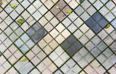 The cement tiles in different colors makes up a paved walking path in the city center of MalmÃ¶, Swedenの写真素材