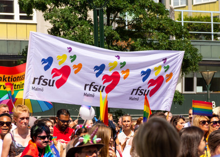 MalmÃ¶, Sweden - July 20 2019: A banner from RFSU MalmÃ¶, held up by participants in the yearly pride festival in MalmÃ¶, Sweden.のeditorial素材