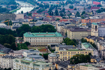 The city of Salzburg and the Mirabell palace and gardens seen from the fortress Hohensalzburg.の写真素材