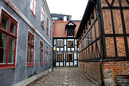 Lund, Sweden - December 16, 2018: Natural old half-timbered houses in Lund, Sweden, during winterのeditorial素材