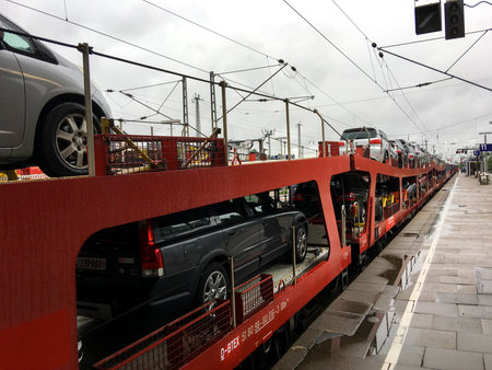 Hamburg, Germany - July 16, 2017: Lots of cars are loaded on to the train while passengers are waiting to go on the car train (Autozug) through Germanyのeditorial素材