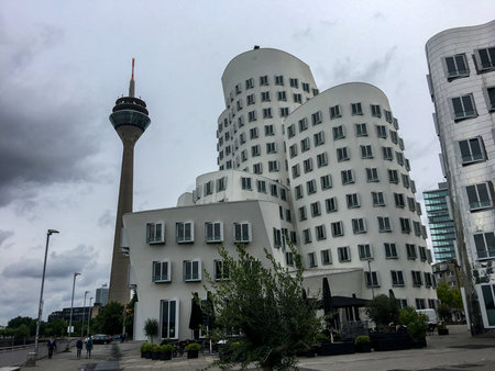 DÃ¼sseldorf, Germany - July 25, 2017: German architecture and Rheinturm on an overcast summer dayのeditorial素材