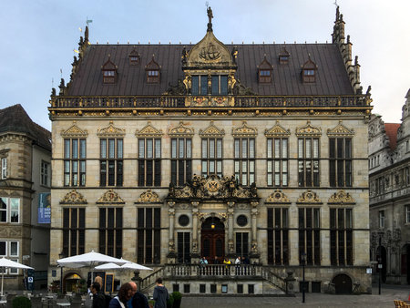 Bremen, Germany - July 28, 2017: A grand building decorated with gold at the town square in old town in Bremen, Germany.のeditorial素材