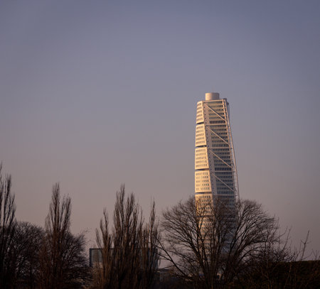 MalmÃ¶, Sweden - February 24, 2019: Turning Torso is glowing in the winter sunsetのeditorial素材