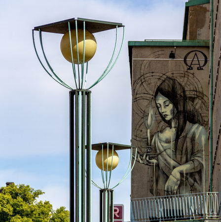 MalmÃ¶, Sweden - July 10, 2018: Someone has created public art on a facade in the downtown area of the city.のeditorial素材
