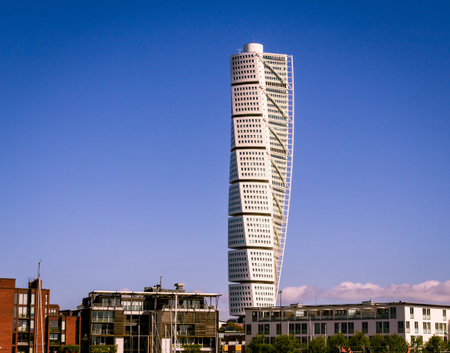 MalmÃ¶, Sweden - May 11, 2019: Turning Torso is an ultra modern skyscraper in white that is visible from all over the cityのeditorial素材