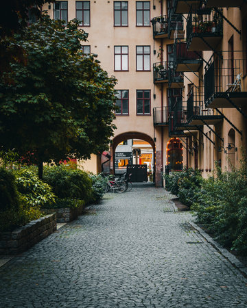 A narrow cobblestoned alley in the city of MalmÃ¶, Swedenの写真素材