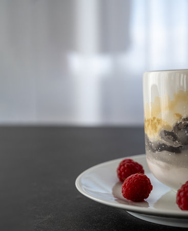 Cup, plate and redberries on dark stone table for break concept in healthy lifestyle and eating with copy spaceの写真素材