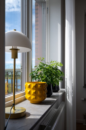 An empty yellow pot placed in the window of a modern apartment in preparation for plantingの写真素材