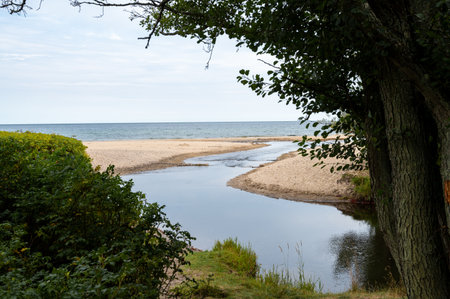 The river enters the sea at a calm beach in HavÃ¤ng, Ãsterlen, Swedenの写真素材