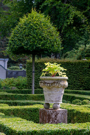An ornate stone pot in a well trimmed green gardenの写真素材