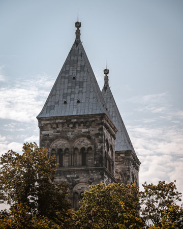 The two sandstone steeples of Lund cathedral on a beautiful autumn day
