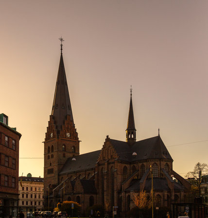 The church of St Petri in MalmÃ¶ Sweden during summer sunsetの写真素材