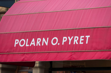 Lund, Sweden - 2021-10-16: A red awning with the store Polarn o Pyret logotype printed onのeditorial素材