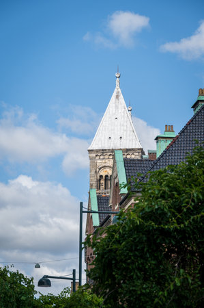 The towers of Lund cathedral on summer day against blue skyの写真素材