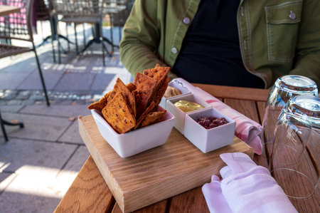 Bread sticka and dip on an outdoor exclusive restarurantの写真素材