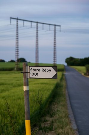 Road sign next to rural road in SkÃ¥ne (Scania) Sweden during summerの写真素材
