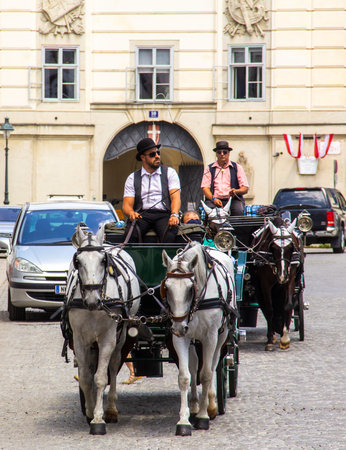 Vienna, Austria - July 25 2018: Two men driving horse carriages through the old streets during summerのeditorial素材
