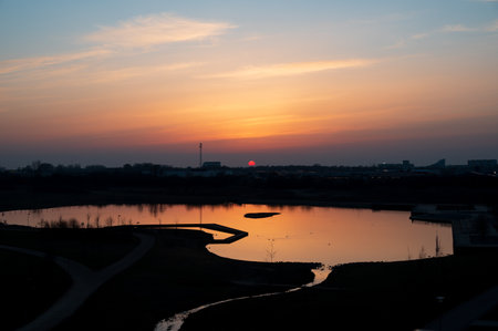 Sunset over lake RÃ¥bysjÃ¶n in the outskirts of Lund Swedenの写真素材