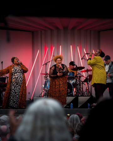 Lund, Sweden - June 17, 2022: The music group The Momas including Loulou Lamotte Ashley Haynes and Dinah Yonas Manna performing on a free open air concertのeditorial素材