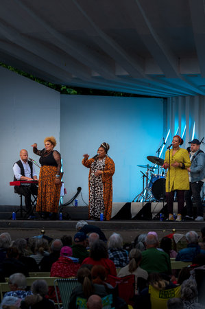 Lund, Sweden - June 17, 2022: The music group The Momas including Loulou Lamotte Ashley Haynes and Dinah Yonas Manna performing on a free open air concertのeditorial素材