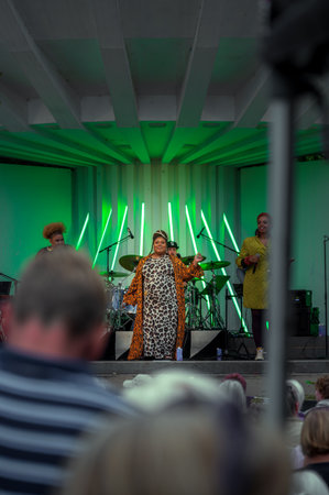 Lund, Sweden - June 17, 2022: Singer Ashley Haynes on stage with The Mamas on a free open air concert in Stadsparkenのeditorial素材