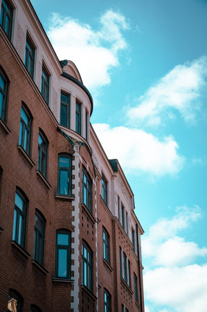 Generic and historic building facade in Lund Sweden on bright summer dayの写真素材