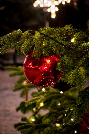Red christmas glass bauble hanging of a decorated christmas tree with lightsの写真素材