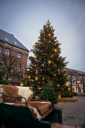 A big decorated Christmas tree on the town square of Lund Sweden during winter festivalの写真素材