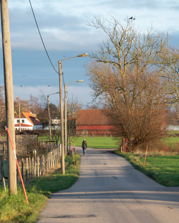 Woman walking along rural road in SkÃ¥ne Sweden on bright winter dayの写真素材