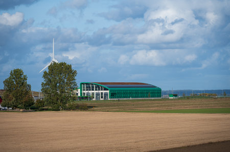 Tram garage and wind power plant in rural area outside Lund Swedenの写真素材