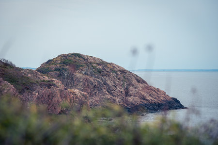 Rocky coast and calm sea on the coast of SkÃ¥ne Sweden during summerの写真素材