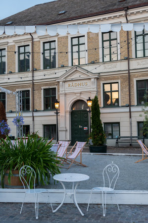 Lund city hall and town square decorated during summer in Swedenの写真素材