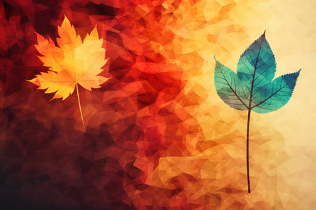 Abstract background in red and orange with two silhouettes of leaves in autumnの素材