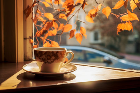Cup of coffee on the windowsill with autumn leaves on the backgroundの素材
