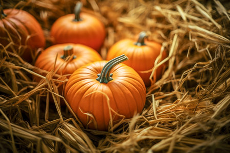 Halloween pumpkins on straw background. Shallow depth of field. Toned.の素材