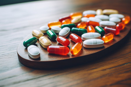 Colorful medicine tablets on wooden board in natural lightの素材