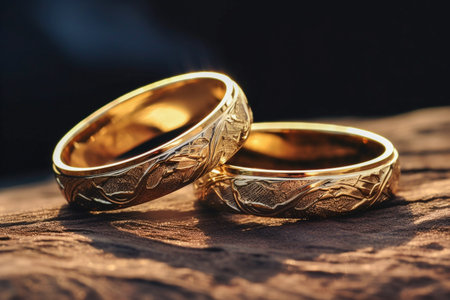 Wedding rings on a wooden table.の素材