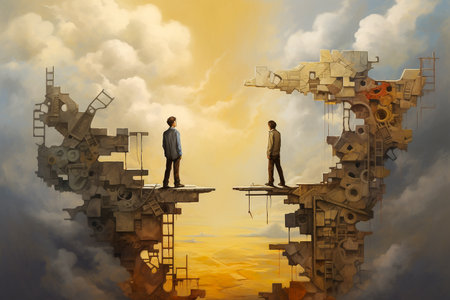 Conceptual image of two businessmen standing on the bridge and looking at the sky with cloudsの素材