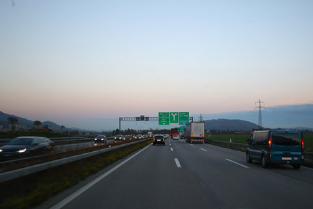 Freeway traffic during evening commute around Zurich, Switzerland