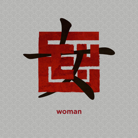 Islamic Kufic Calligraphy and Japanese Letter Kanji of Woman with asian pattern.のイラスト素材