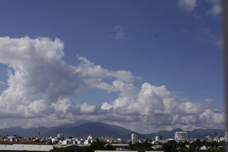 blue sky with clouds closeup clean and brightの写真素材